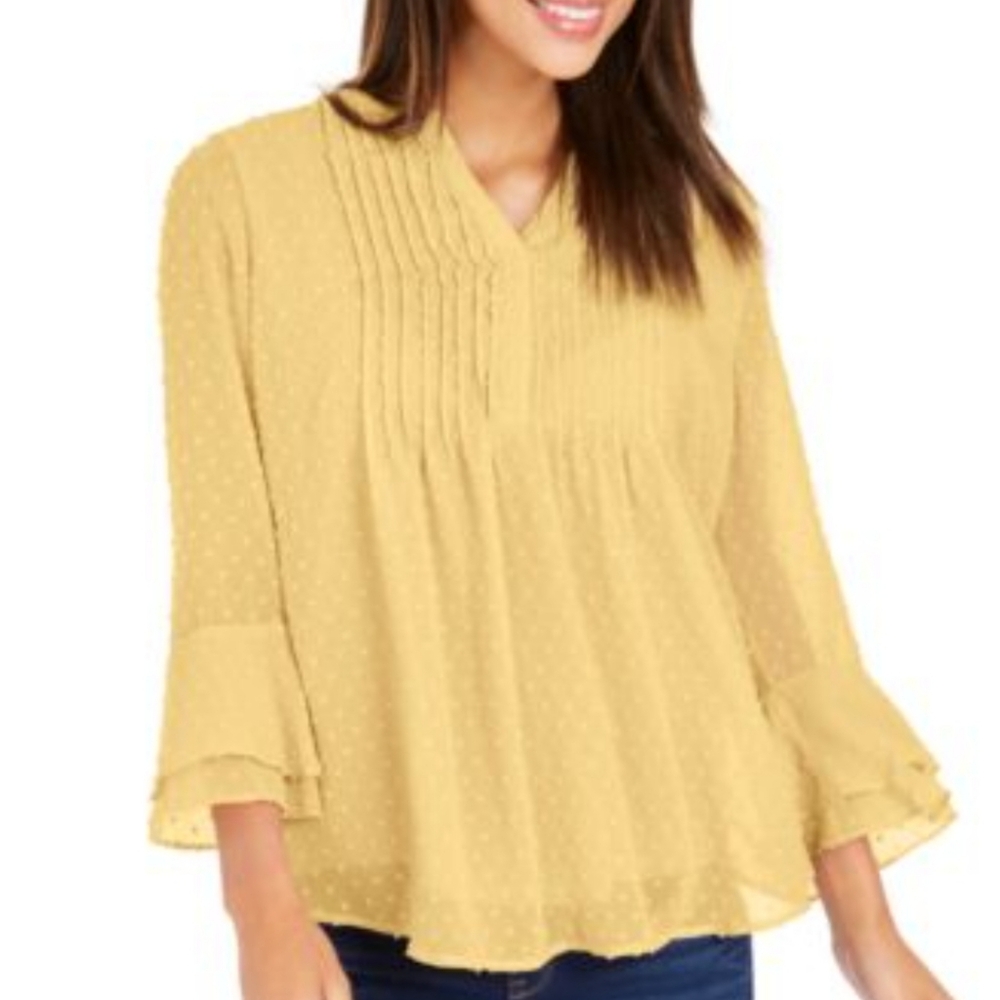 Charter Club Yellow Swiss Dot Pintucked Lined Long Sleeve Blouse Size Small